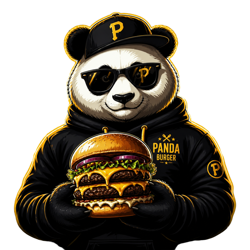Panda mascote da ZaMaH Lanches segurando um hambúrguer